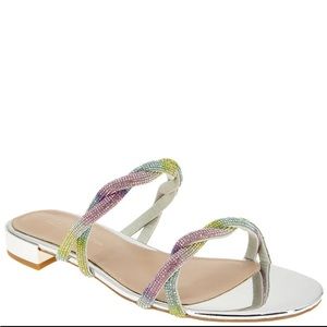 BCBGeneration Dastin Rainbow Rhinestone Embellished 
Twist Strap Slide Sandals